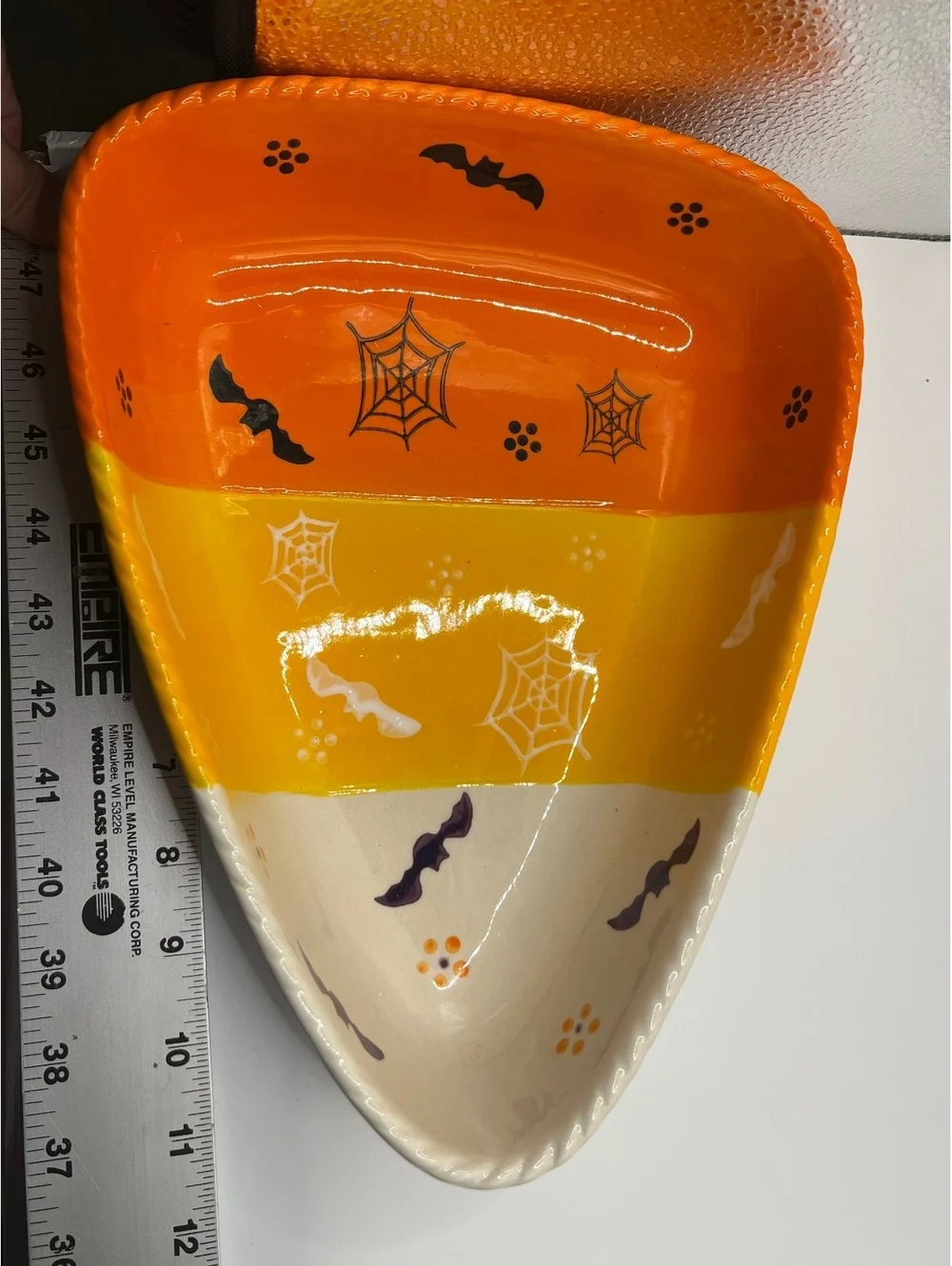 Large 11” Halloween Candy Corn Ceramic Dish Bat Spiderweb Temp-tations Tara
